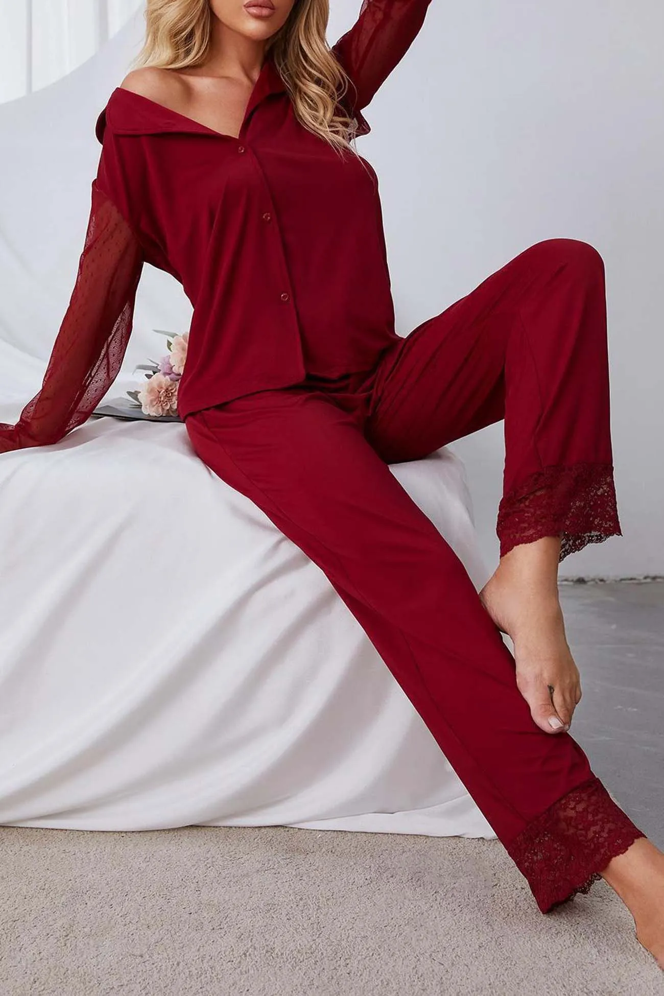 Lace Mesh Long Sleeve Long Pant Pajama Set