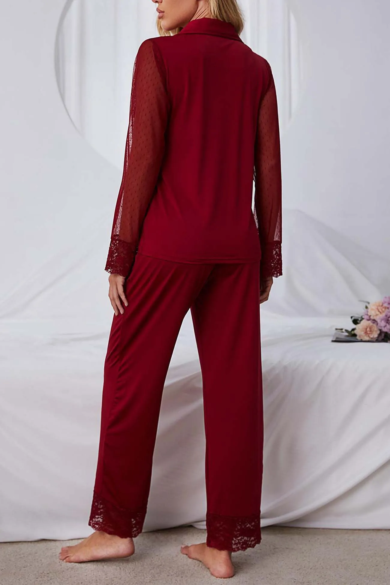 Lace Mesh Long Sleeve Long Pant Pajama Set