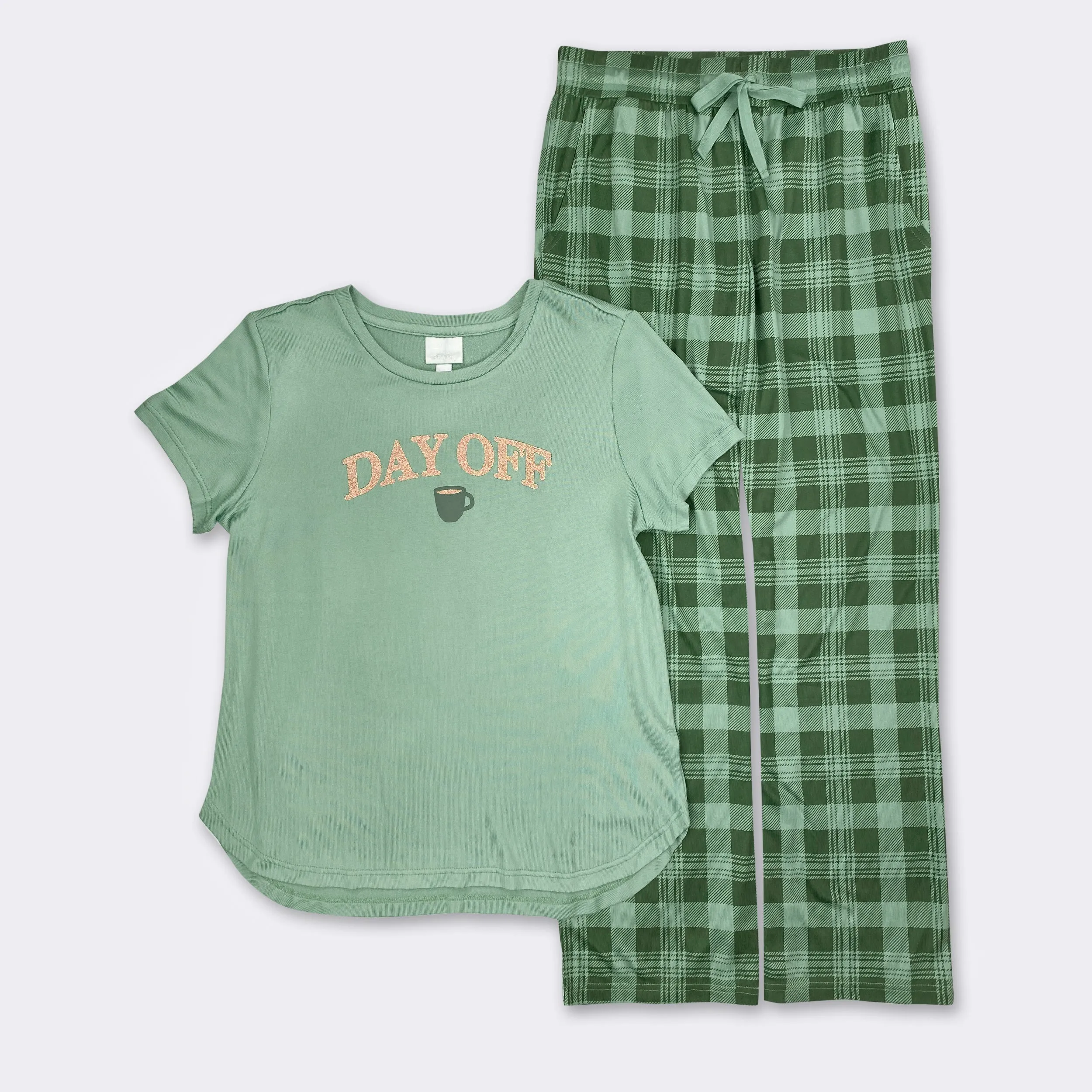 Ladies' 2-PC Green-Green Plaid Pajama Set