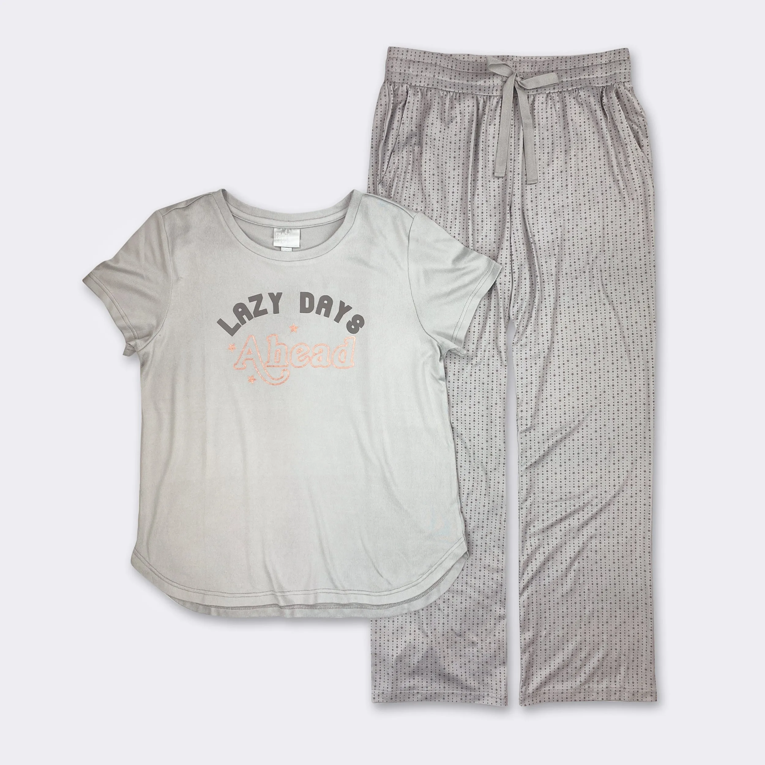 Ladies' 2-PC Lt Grey-Grey Dot Star Pajama Set