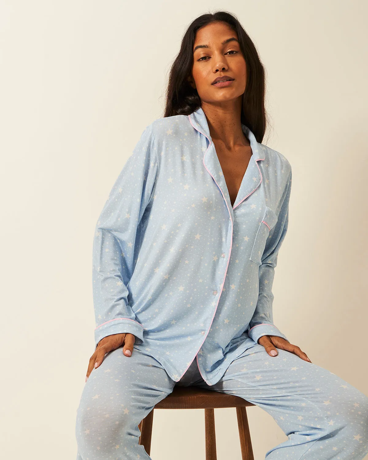 Long Pajama Set - Pale Blue Stars