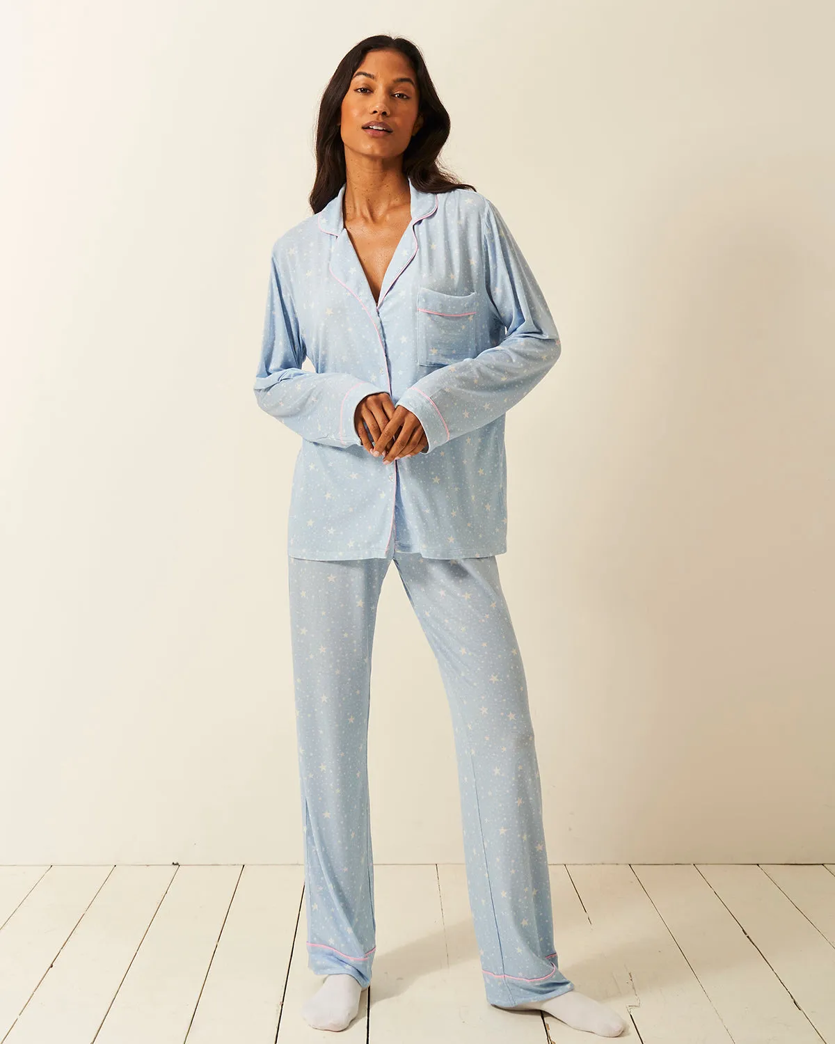 Long Pajama Set - Pale Blue Stars