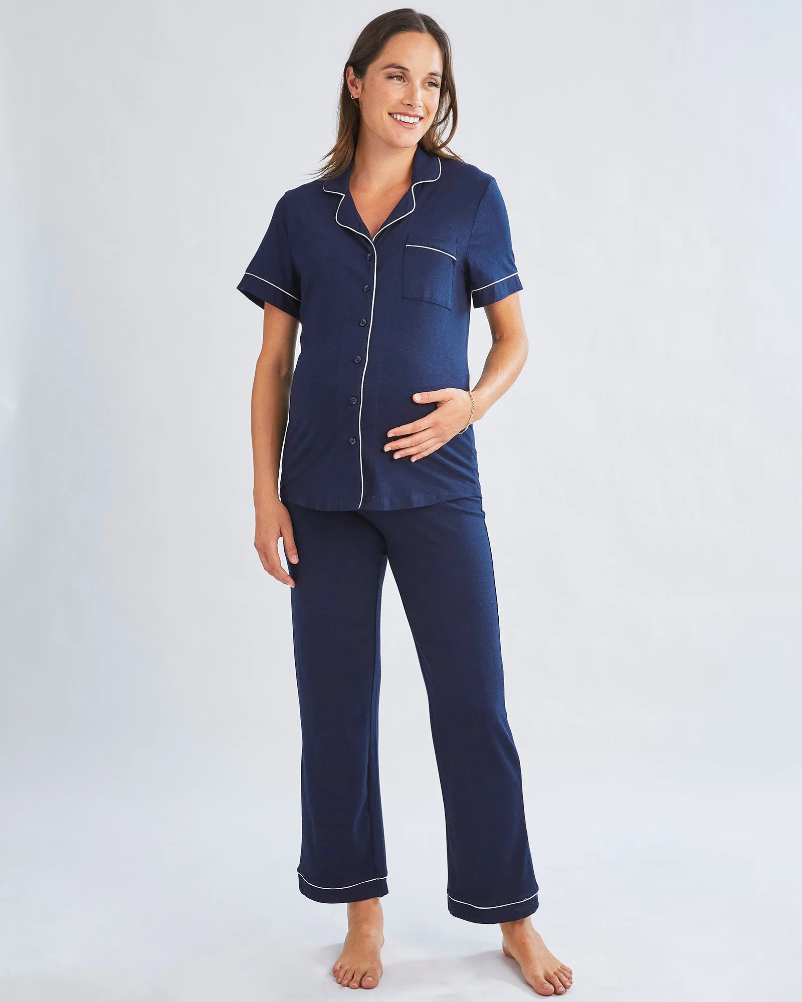 Maternity and Nursing Button Front Pajama Set in Navy