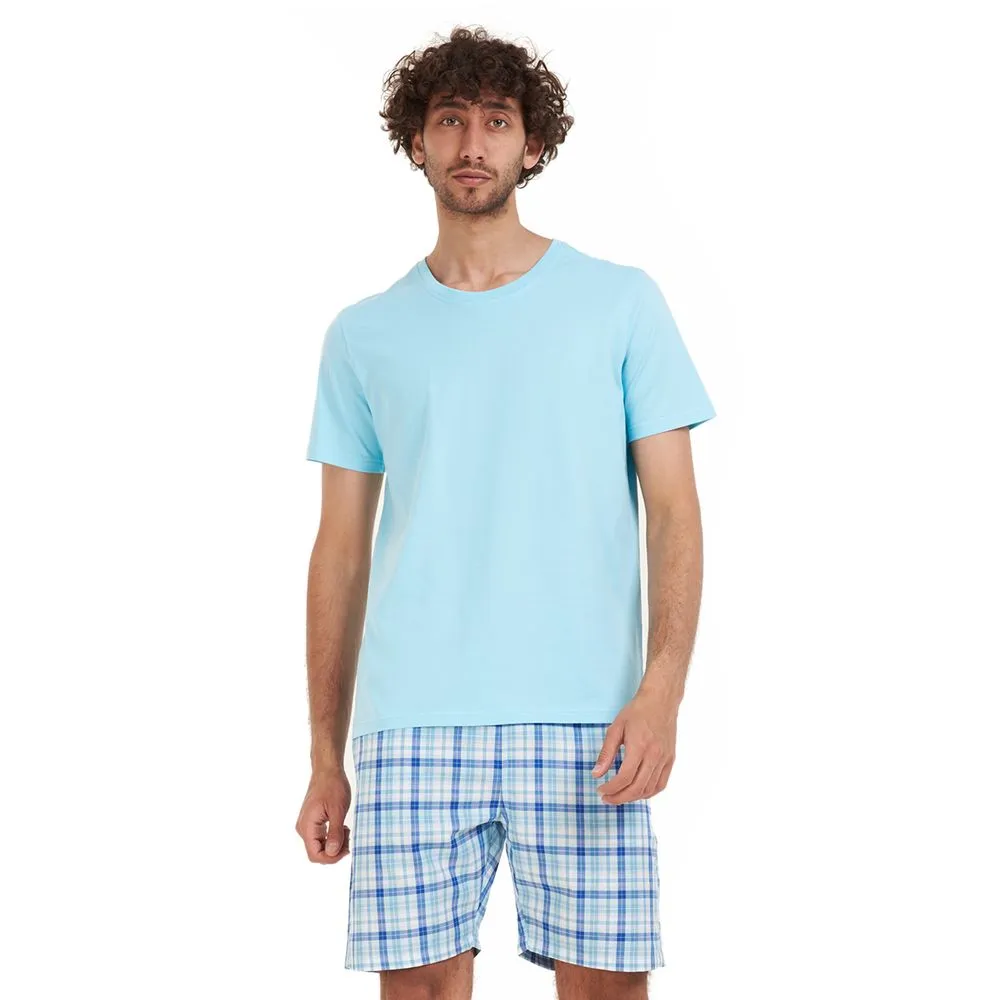 Men summer pajama set Aqua T-shirt   Aqua x Blue checkered short