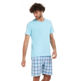 Men summer pajama set Aqua T-shirt   Aqua x Blue checkered short