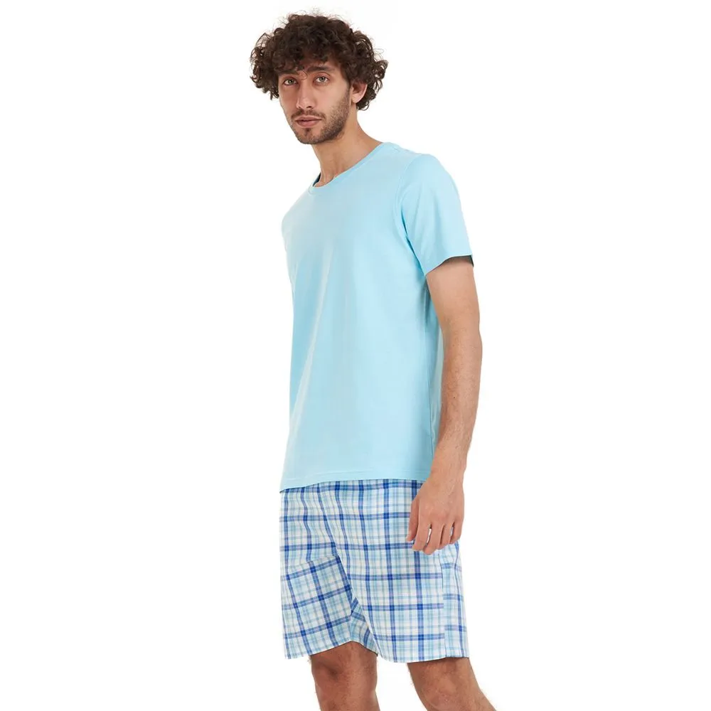 Men summer pajama set Aqua T-shirt   Aqua x Blue checkered short