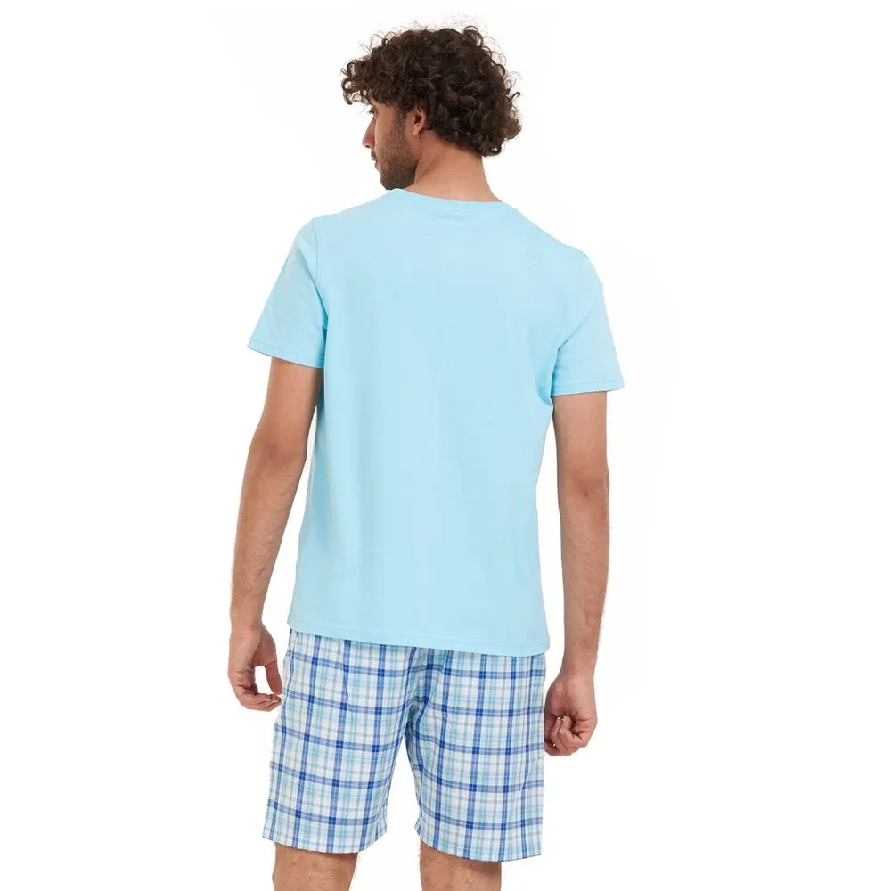 Men summer pajama set Aqua T-shirt   Aqua x Blue checkered short