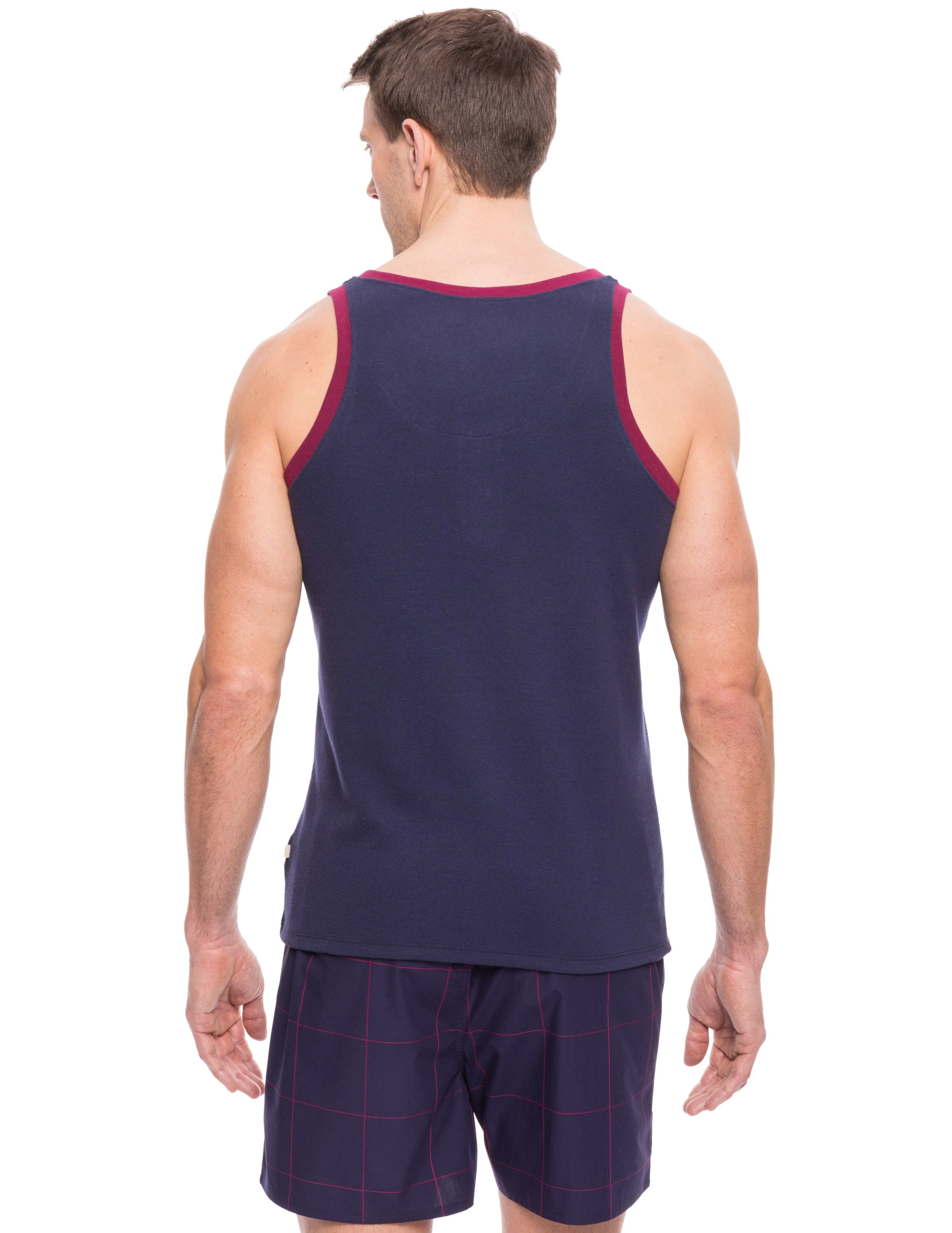 Men's Premium Cotton Boxer Tank Top Lounge Set - Windowpane Checks Blue/Red