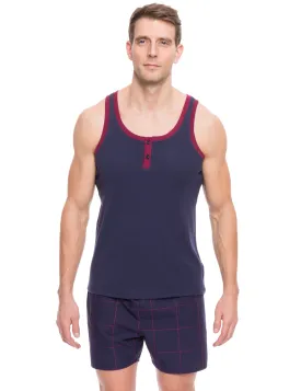 Men's Premium Cotton Boxer Tank Top Lounge Set - Windowpane Checks Blue/Red