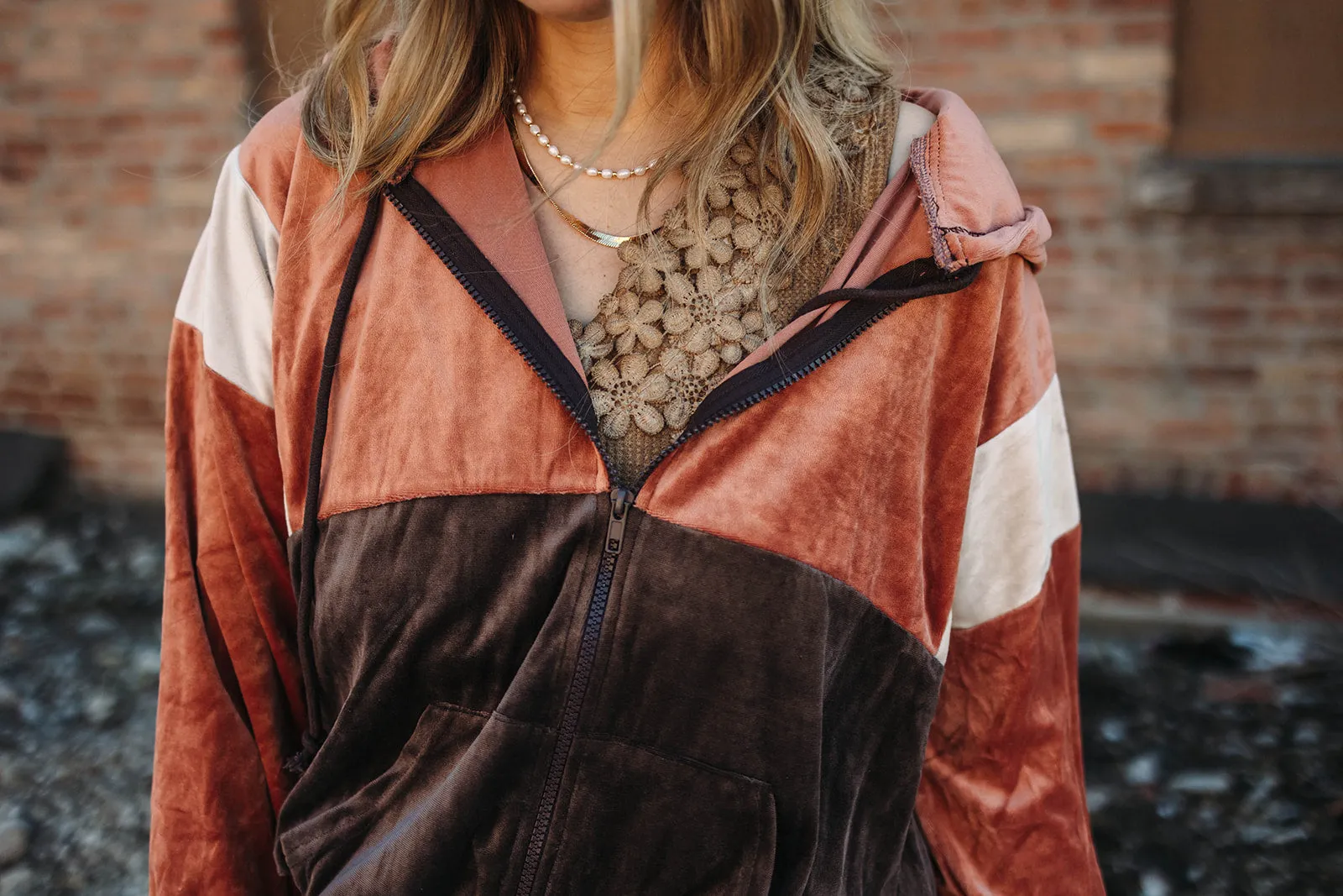 missy velour zip up jacket in mocha