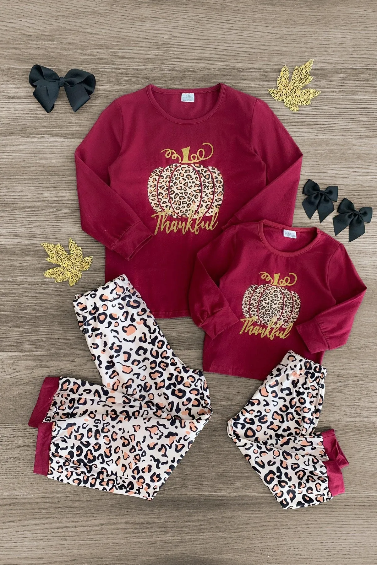 Mom & Me - "Thankful" Burgundy Leopard Pajamas