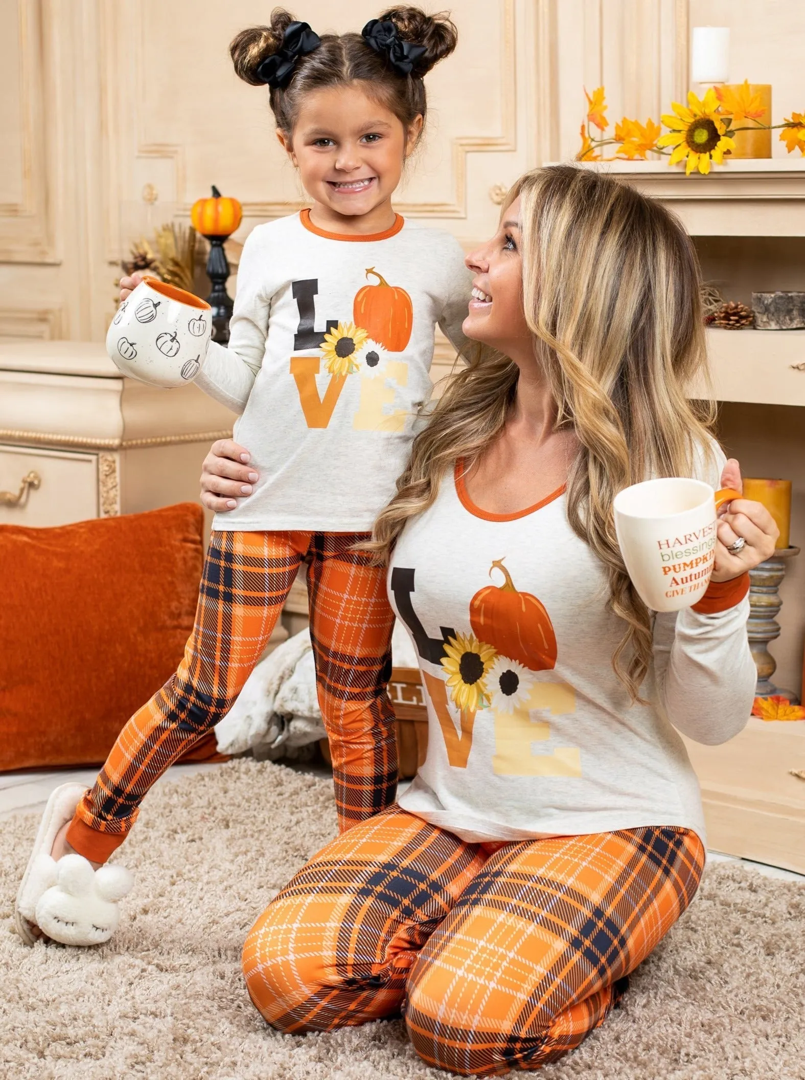 Mommy And Me Fall Love Plaid Pajama Set