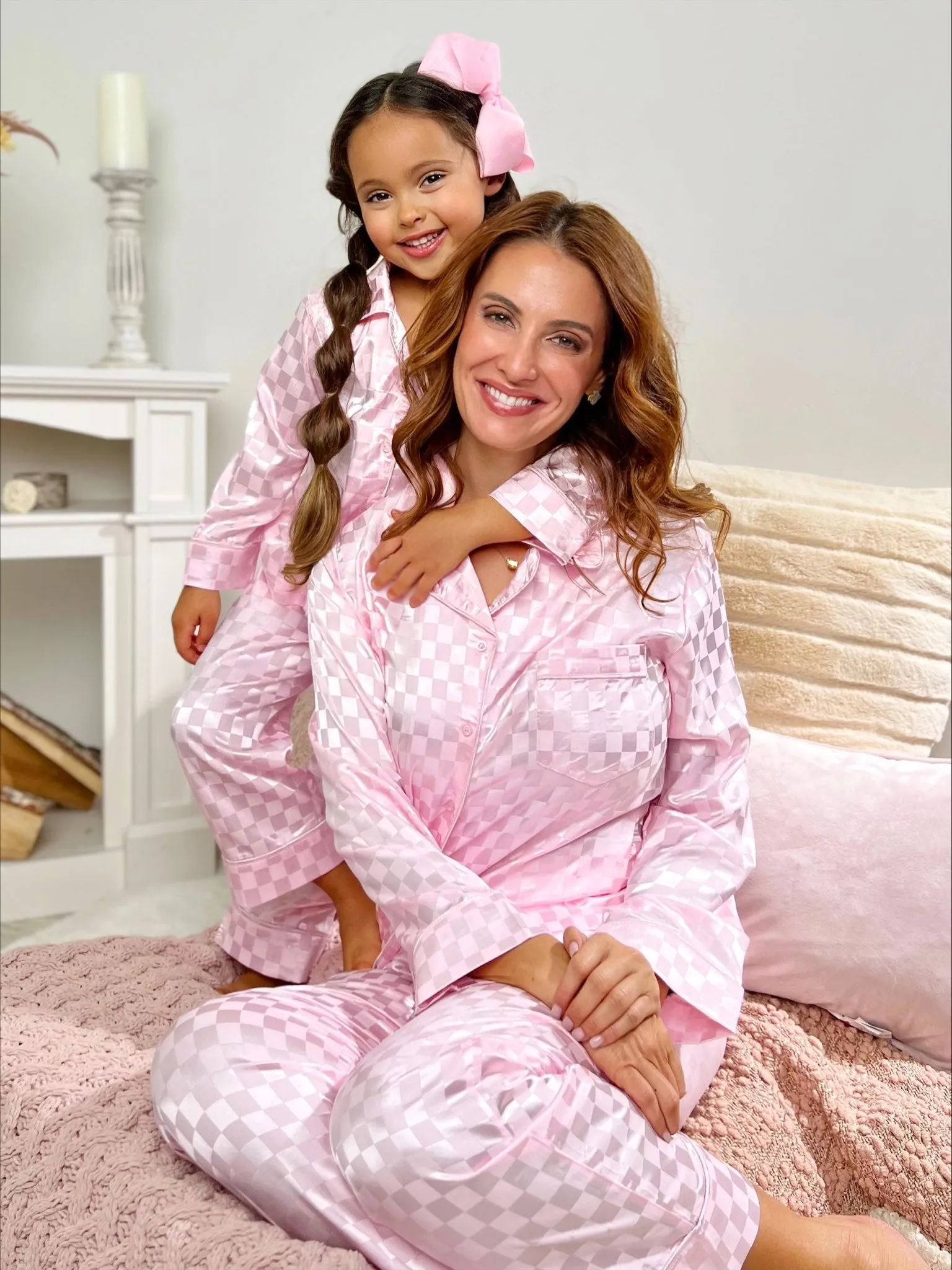 Mommy and Me Sleepy Cuddles Pink Checkered Silk Pajamas