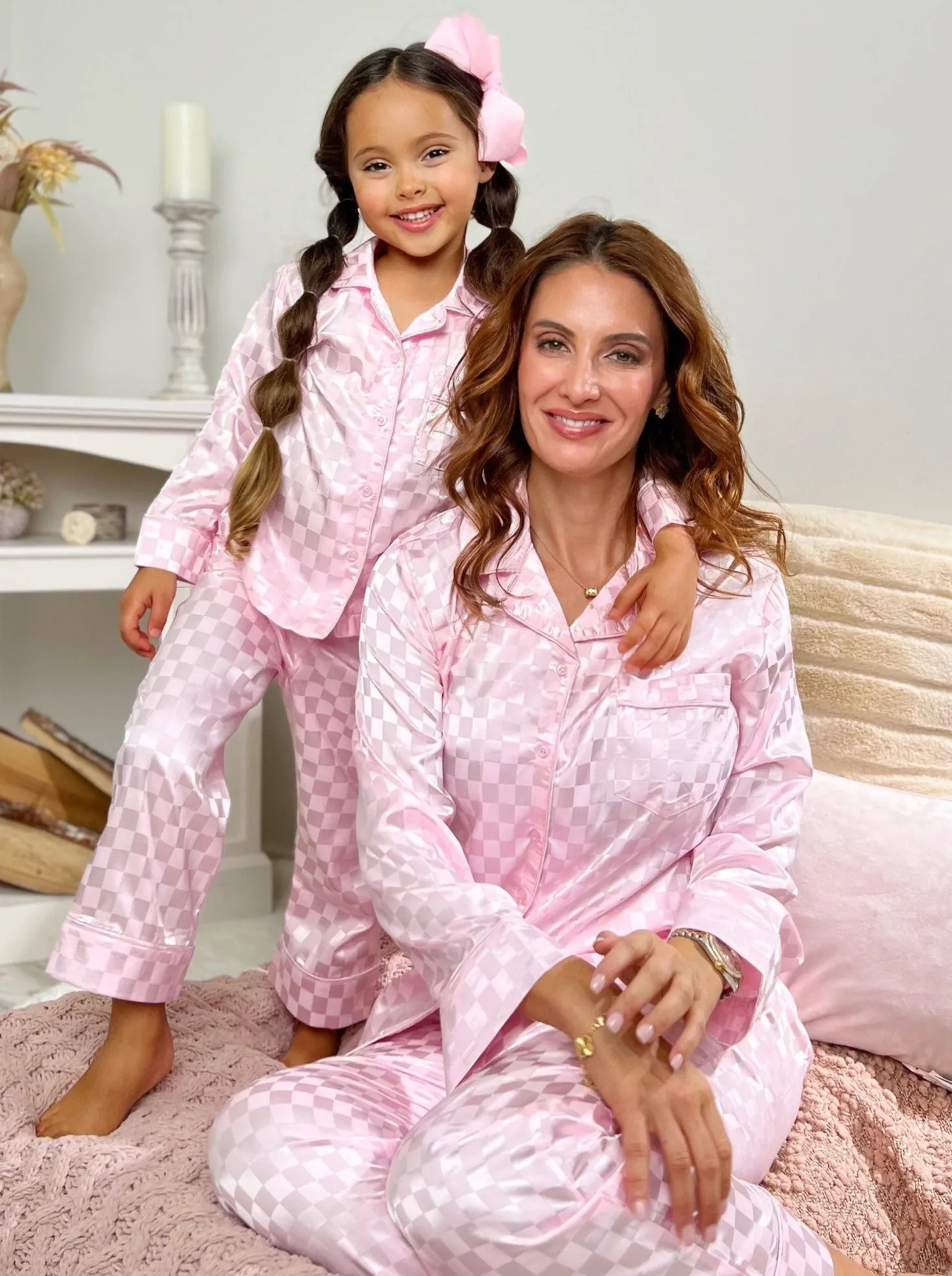 Mommy and Me Sleepy Cuddles Pink Checkered Silk Pajamas