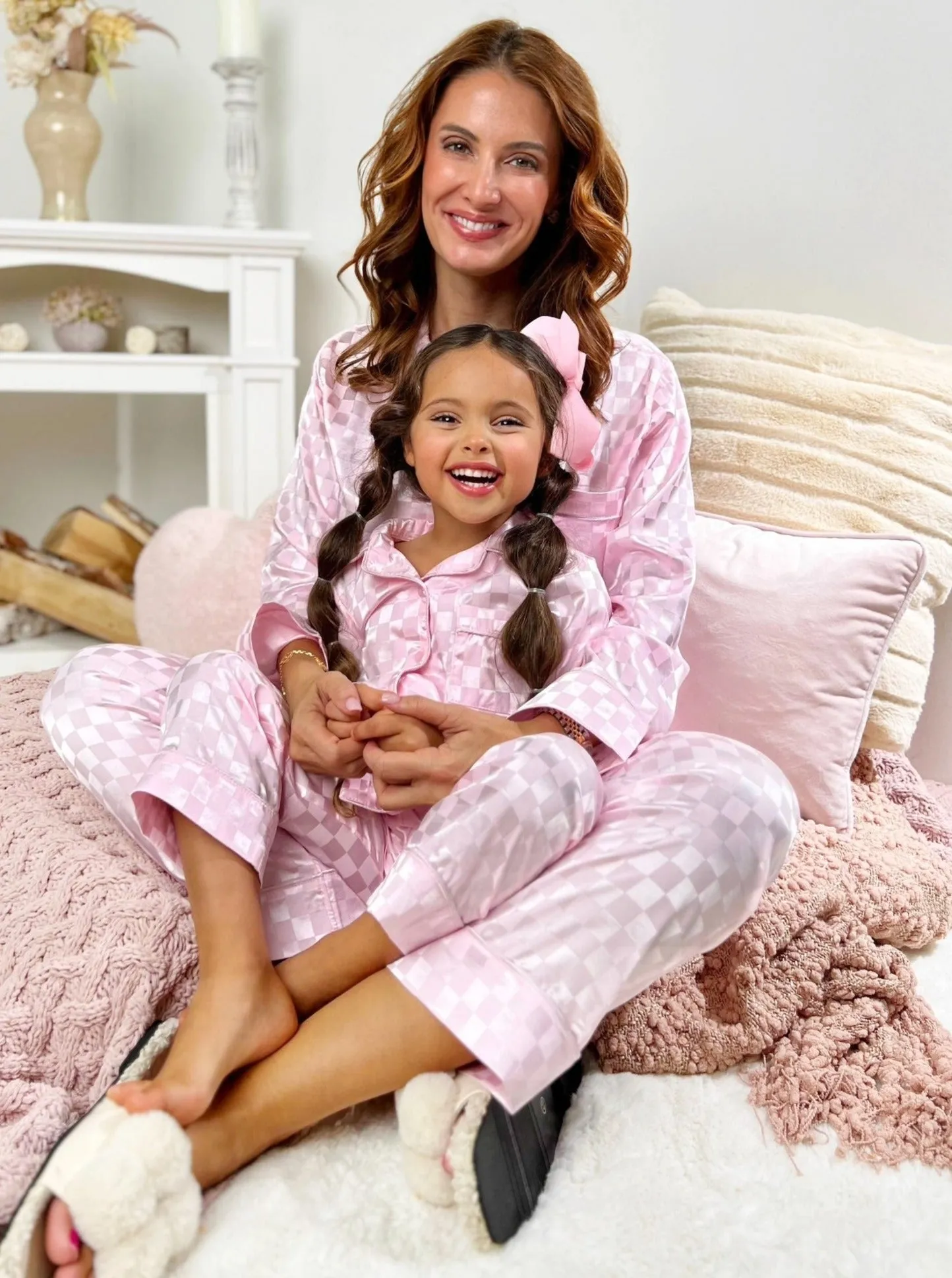 Mommy and Me Sleepy Cuddles Pink Checkered Silk Pajamas