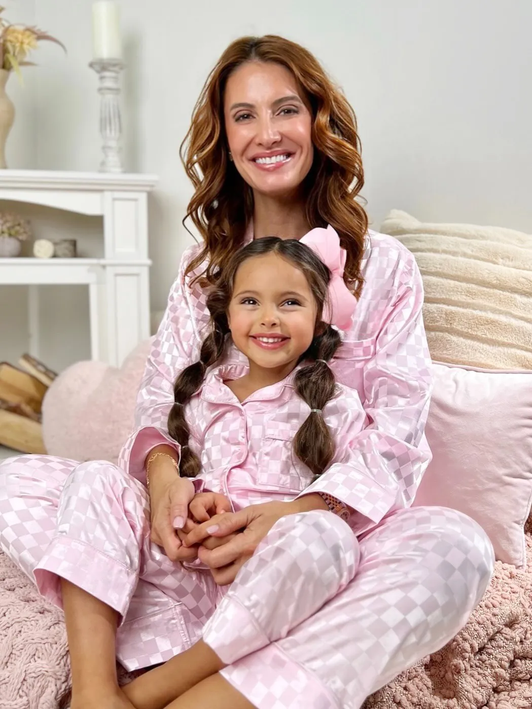 Mommy and Me Sleepy Cuddles Pink Checkered Silk Pajamas