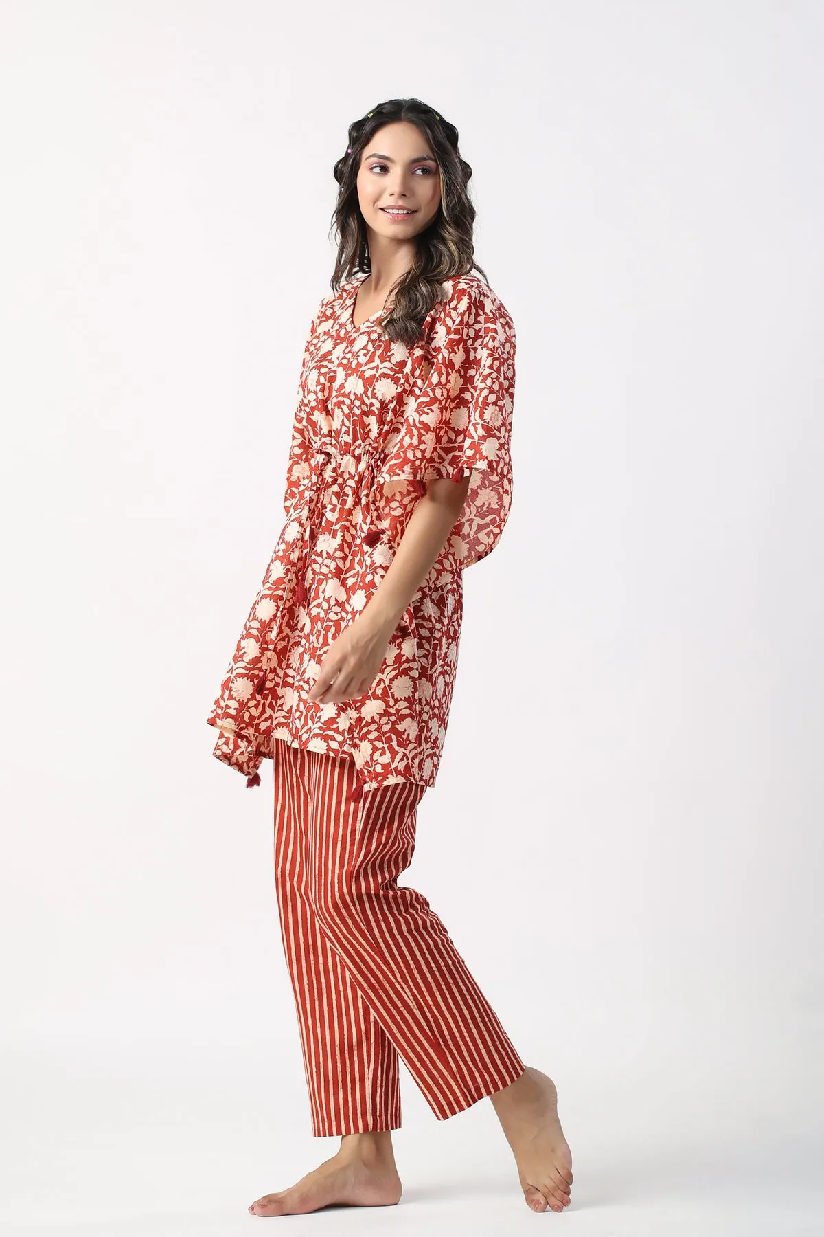 Monochrome maroon Jaal with Stripes Cotton Kaftan Pajama set