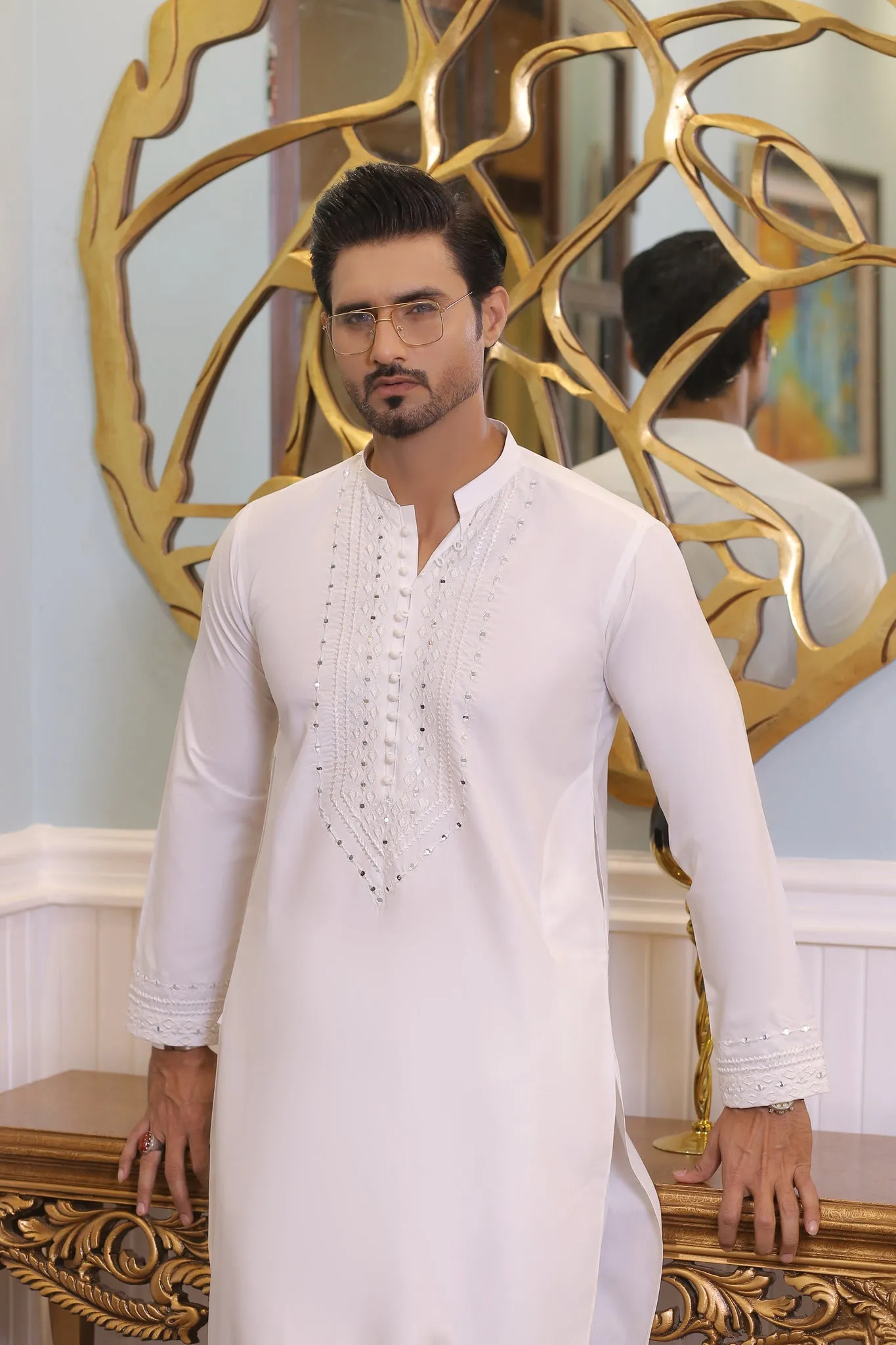 MR 63 White Mirror Work Kurta Pajama