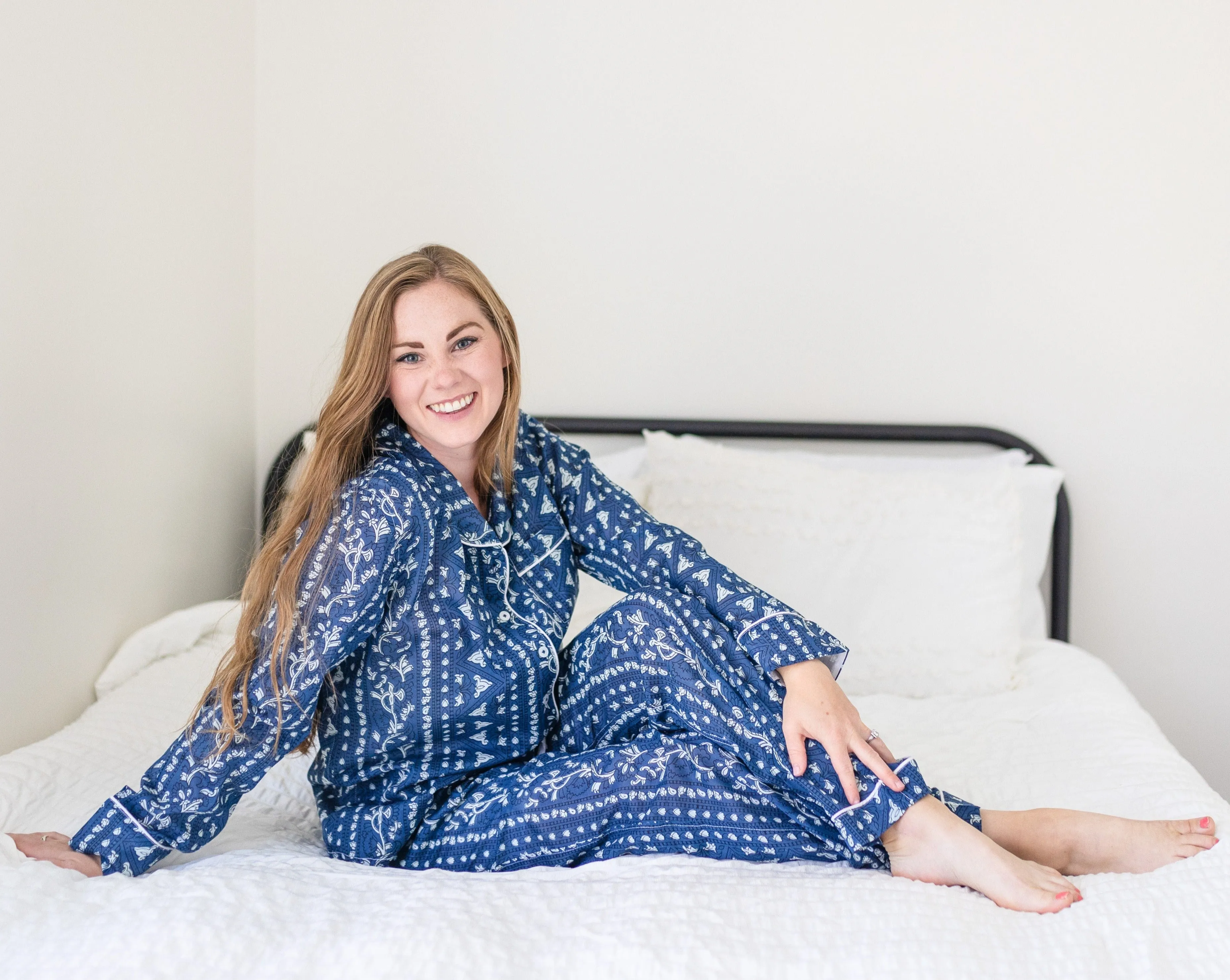 Myra Indigo Print Women's Nightwear Long Sleeve Shirt & Pajama Set