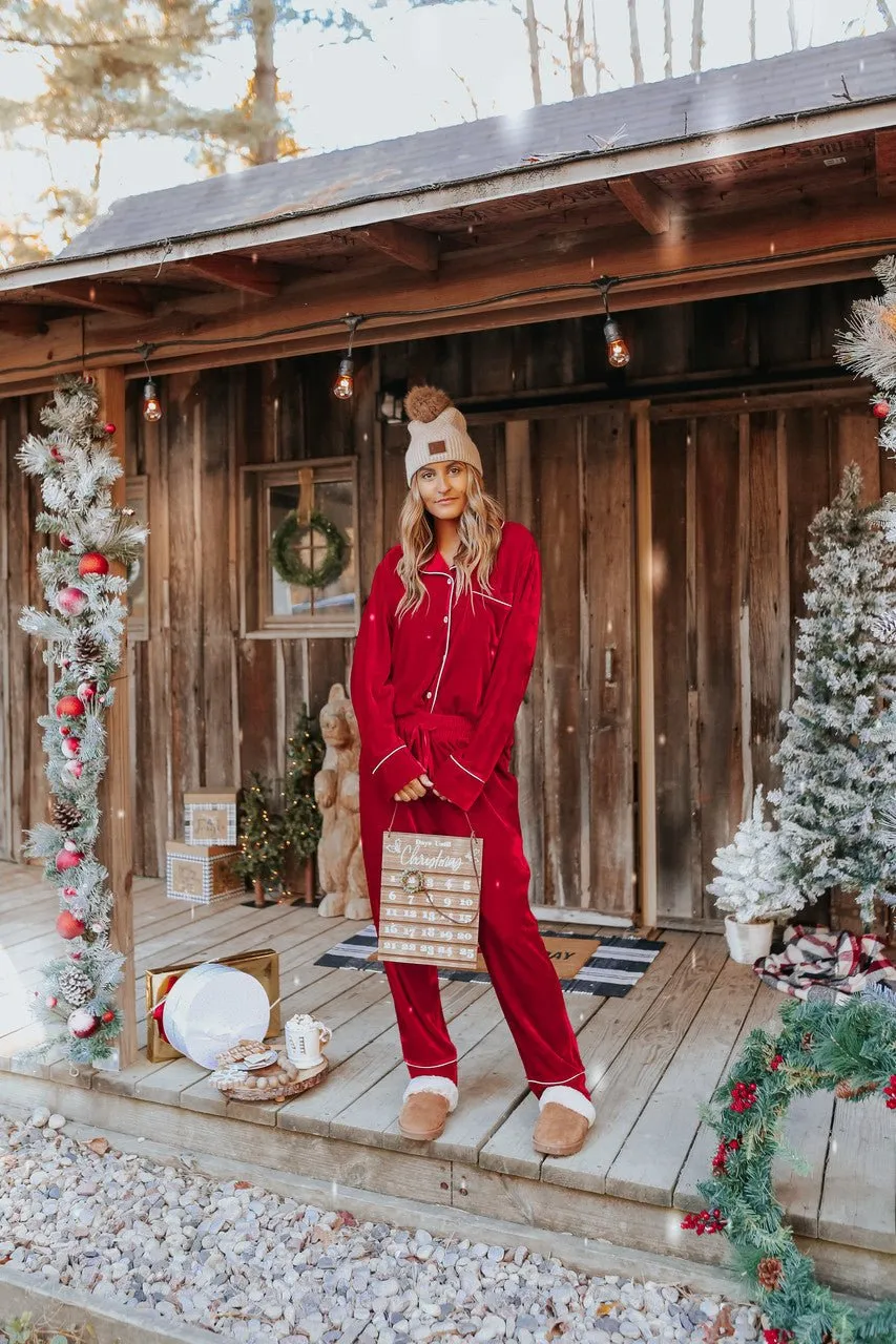 North Pole Burgundy Velvet Pajama Set