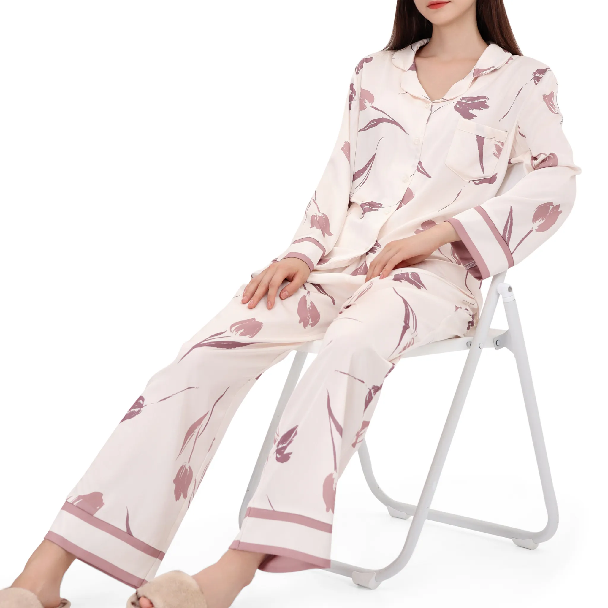 Pajamas Set Long sleeve and Pants Sleepwear Soft and Comfy Button Down Loungewear Relaxed Fit Violet