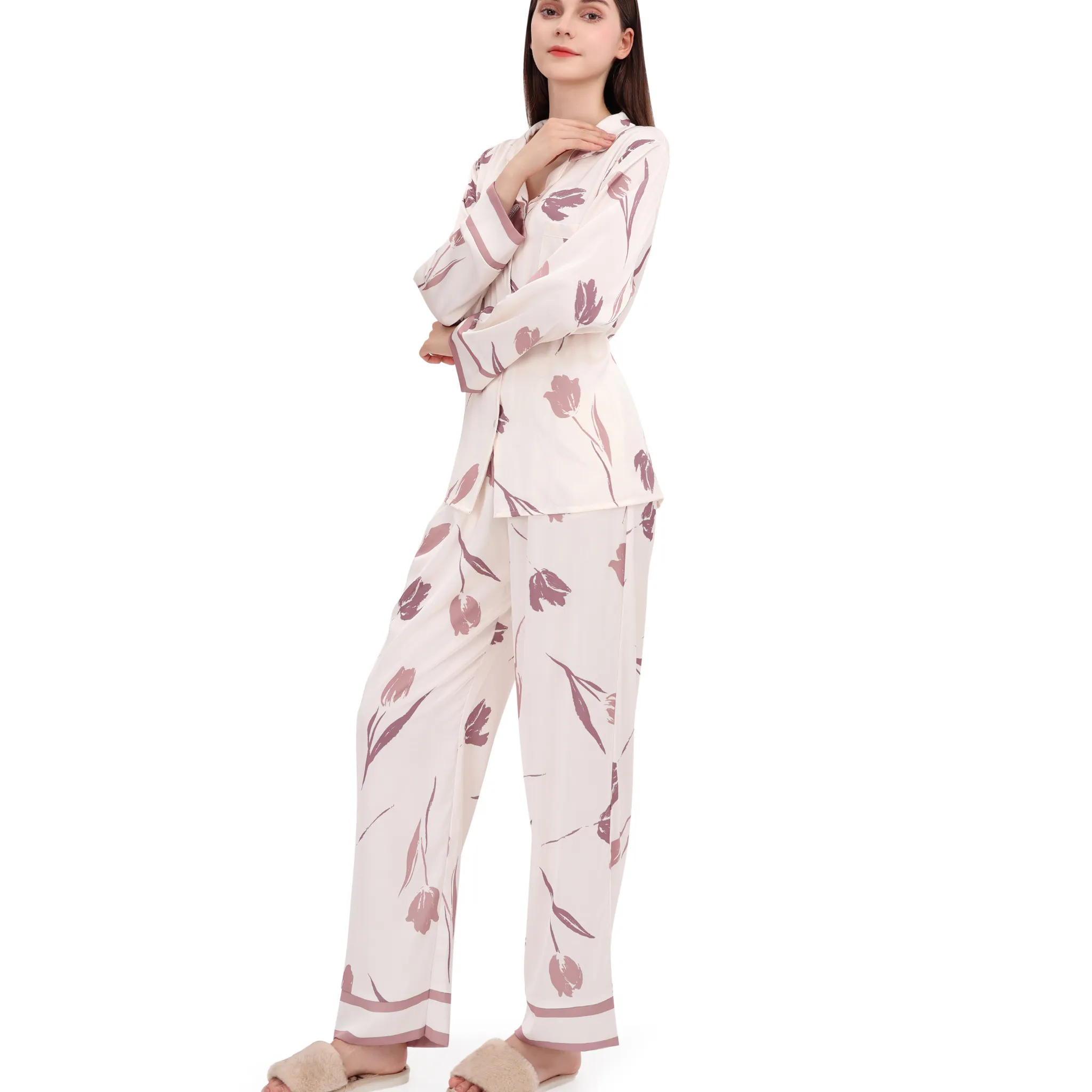 Pajamas Set Long sleeve and Pants Sleepwear Soft and Comfy Button Down Loungewear Relaxed Fit Violet