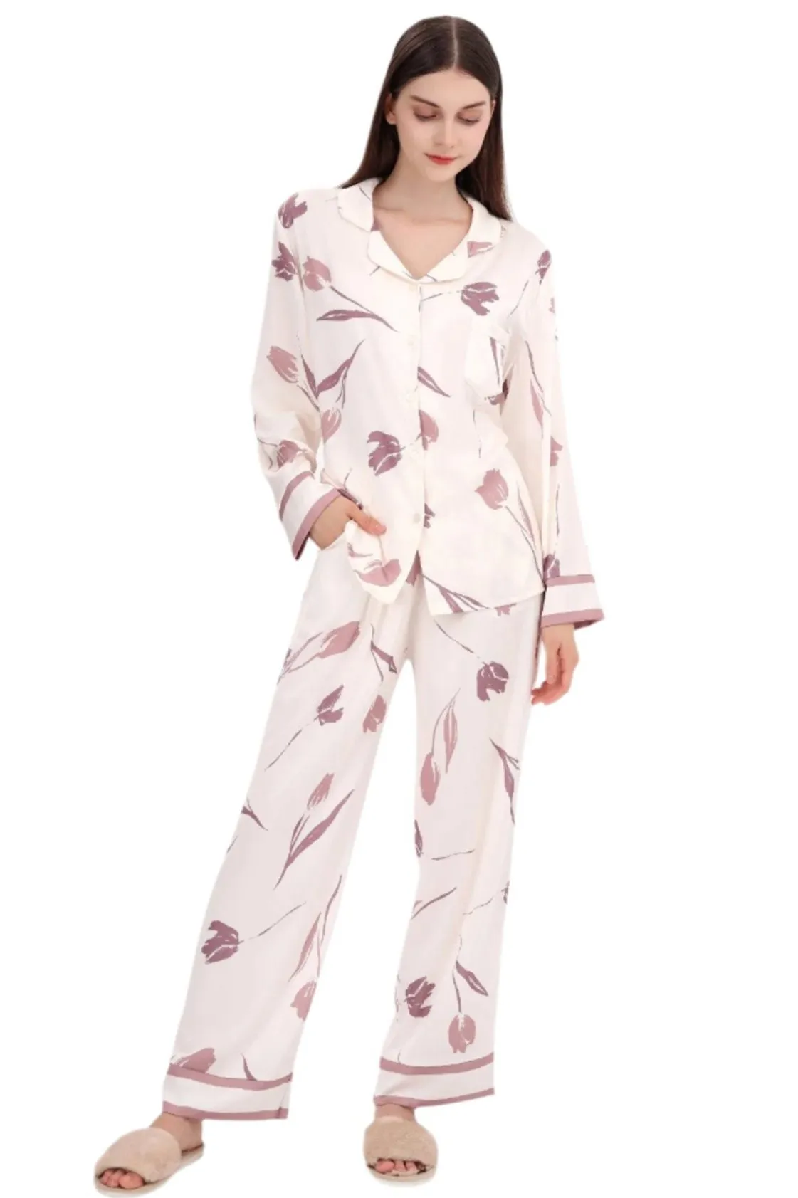 Pajamas Set Long sleeve and Pants Sleepwear Soft and Comfy Button Down Loungewear Relaxed Fit Violet