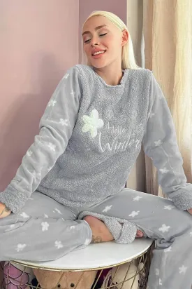 Pijamaevi Women's Grey Hello Winter Patterned Plush Pajama