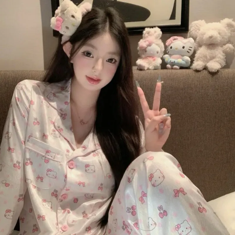 Pink Kitty Bow Cherry Pajamas Set KI618