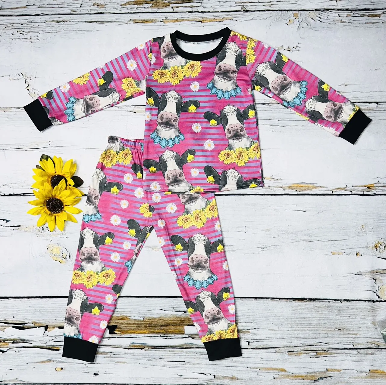 Pink Stripped cows, sunflowers, & daisy's 2pc long sleeve pajamas DLH0824-17