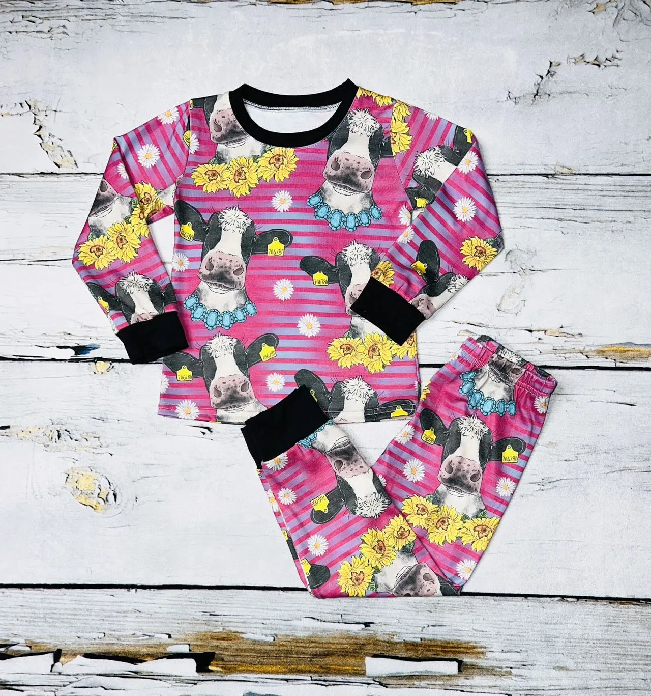 Pink Stripped cows, sunflowers, & daisy's 2pc long sleeve pajamas DLH0824-17