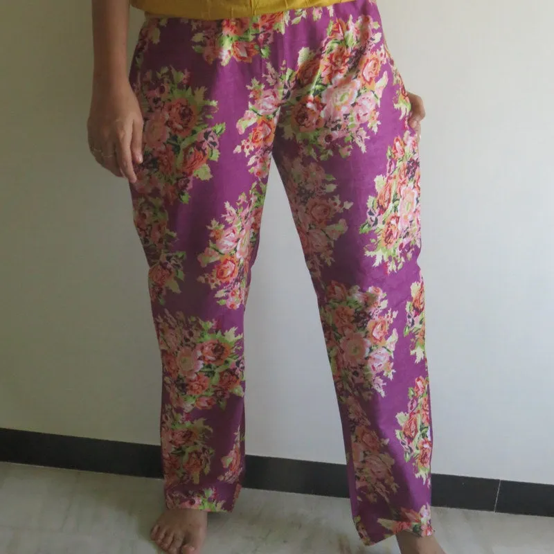 Purple Floral Straight Cut Drawstring Pajamas