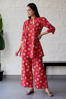 Red Ethnic Coromandel On Palazzo Loungewear Set