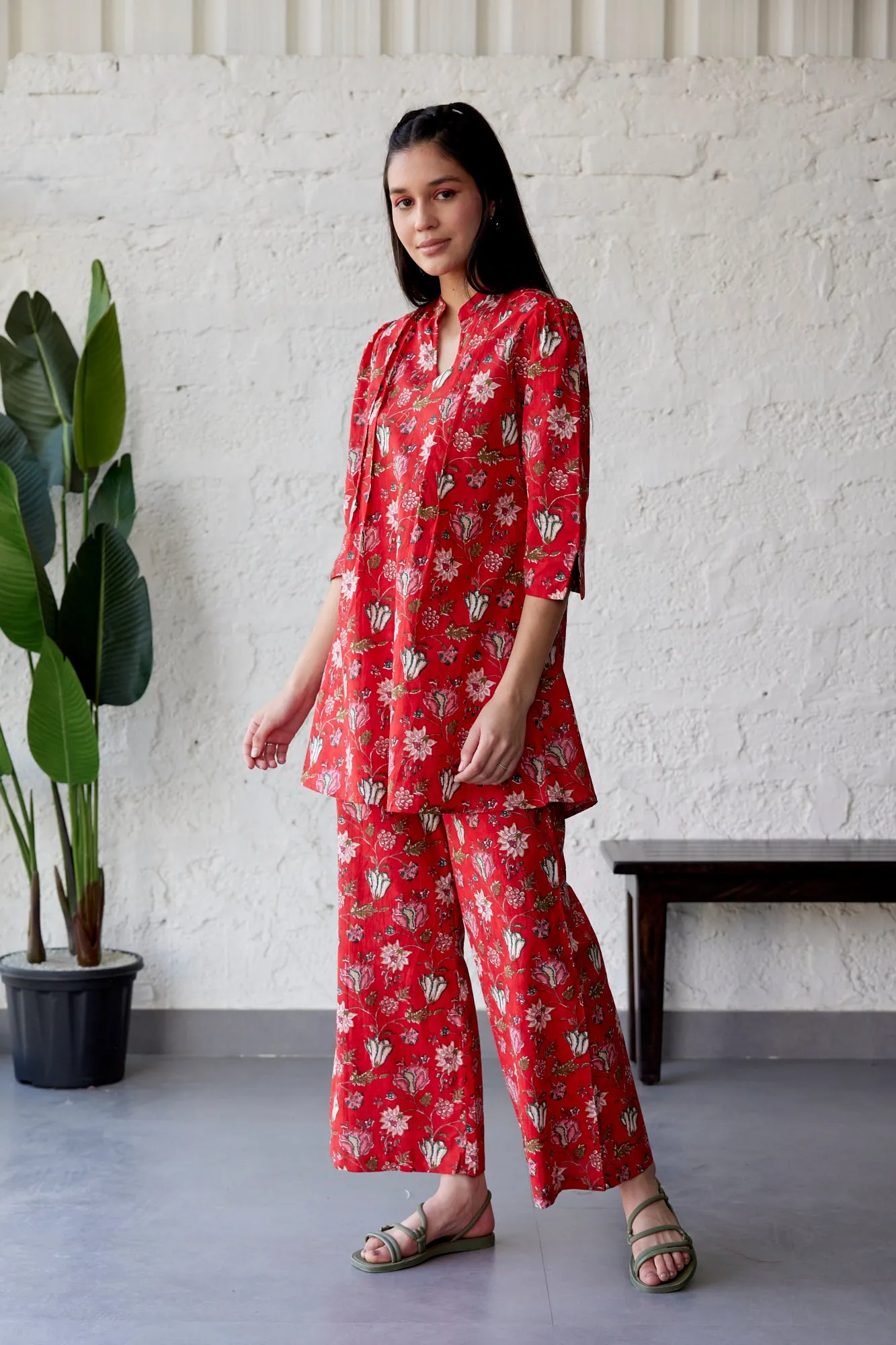 Red Ethnic Coromandel On Palazzo Loungewear Set