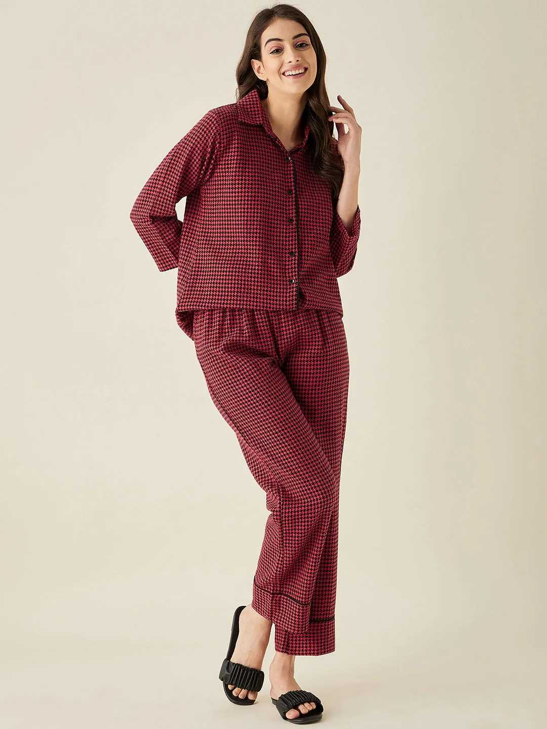 Red Herringbone Cotton Pyjama Set