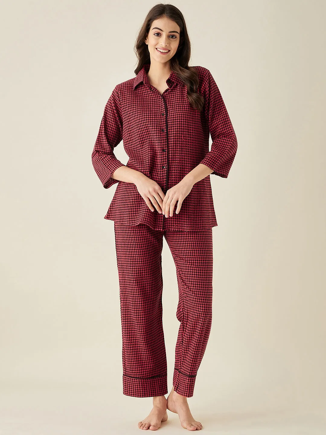 Red Herringbone Cotton Pyjama Set