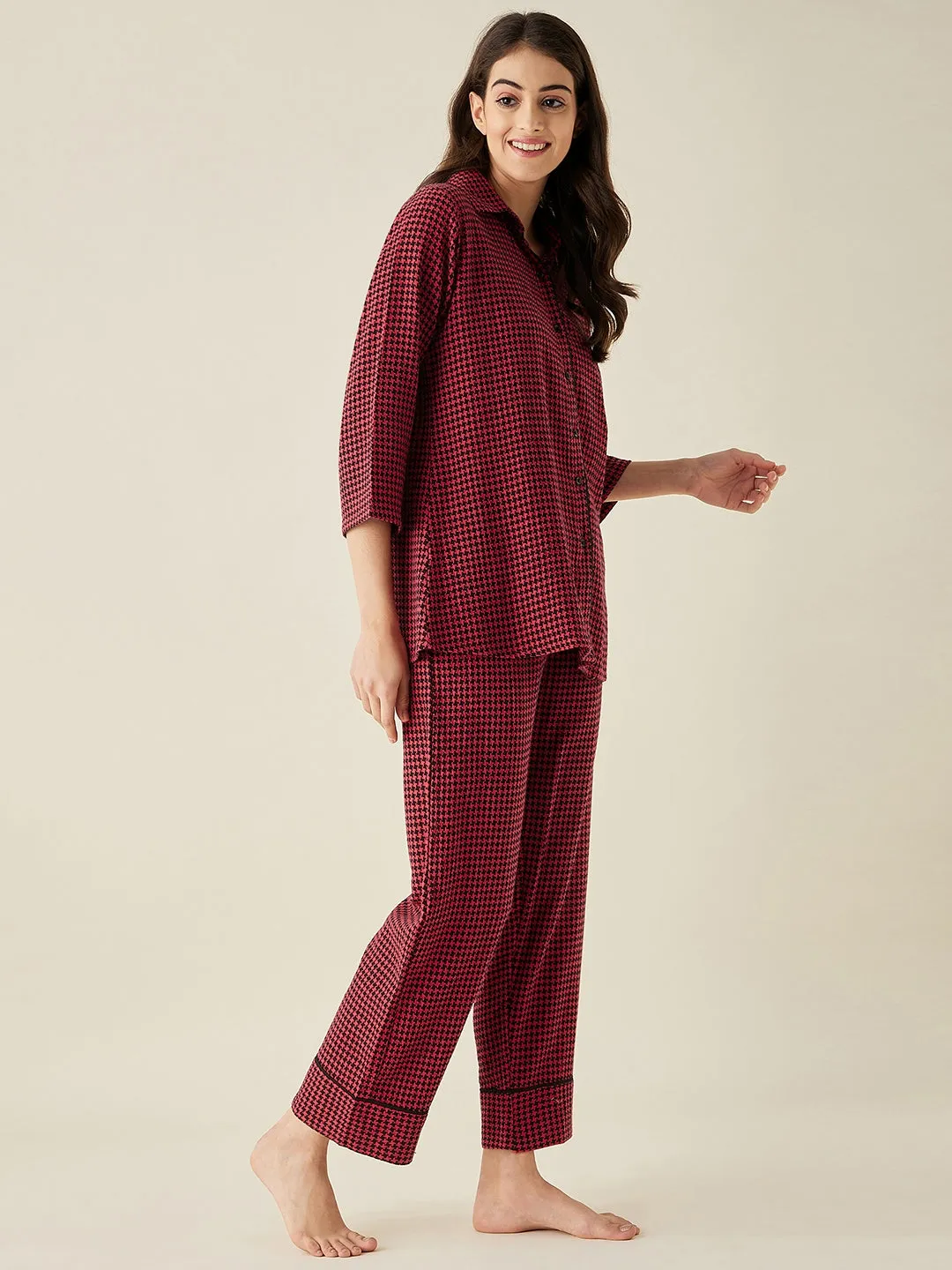 Red Herringbone Cotton Pyjama Set