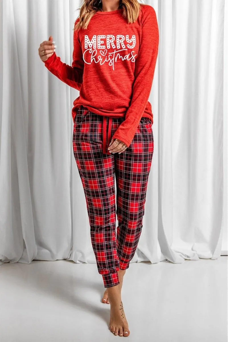 Red "MERRY Christmas" Graphic Plaid Pajama Set