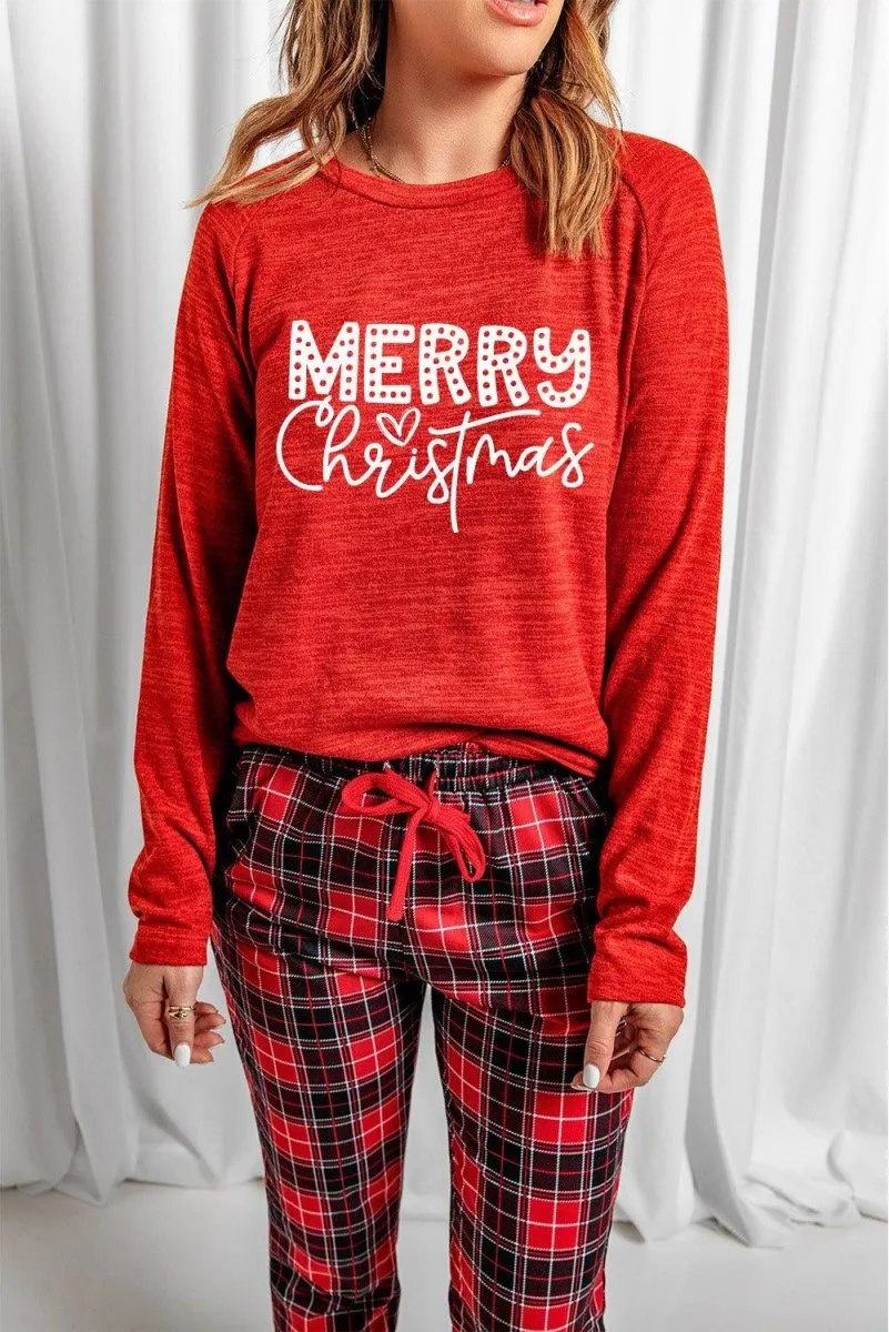 Red "MERRY Christmas" Graphic Plaid Pajama Set