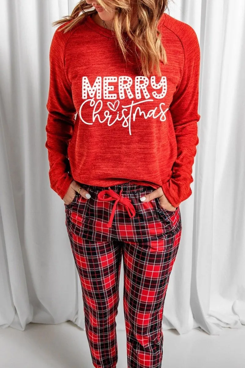 Red "MERRY Christmas" Graphic Plaid Pajama Set