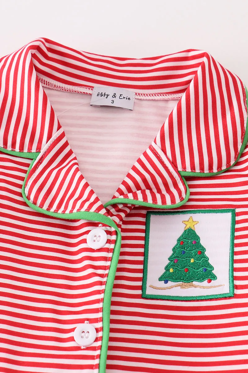 Red stripe christmas tree ruffle girl pajamas set