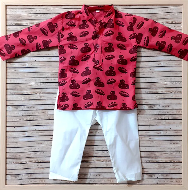 Rust Umbrella Print Boys Kurta Pajama Set