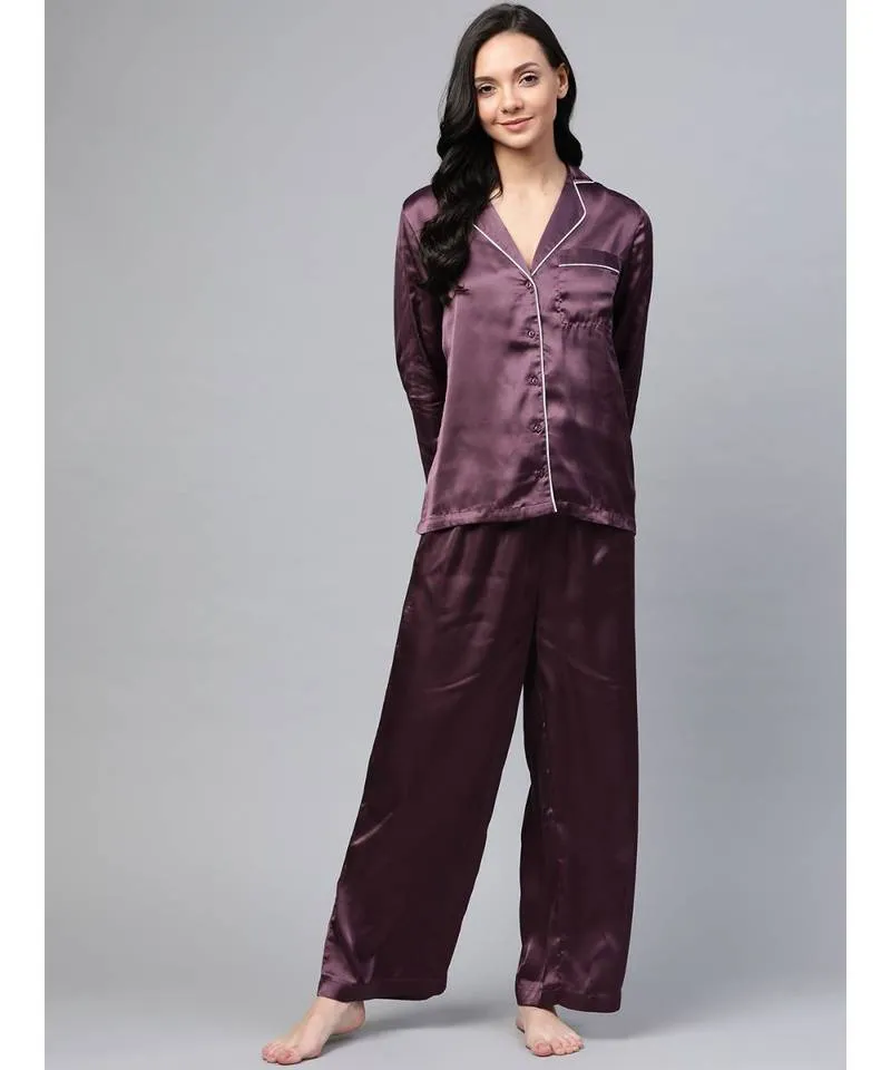 Sajiero Galaxy Pearl Pajama Silk Night Suit With Scrunchie for Women