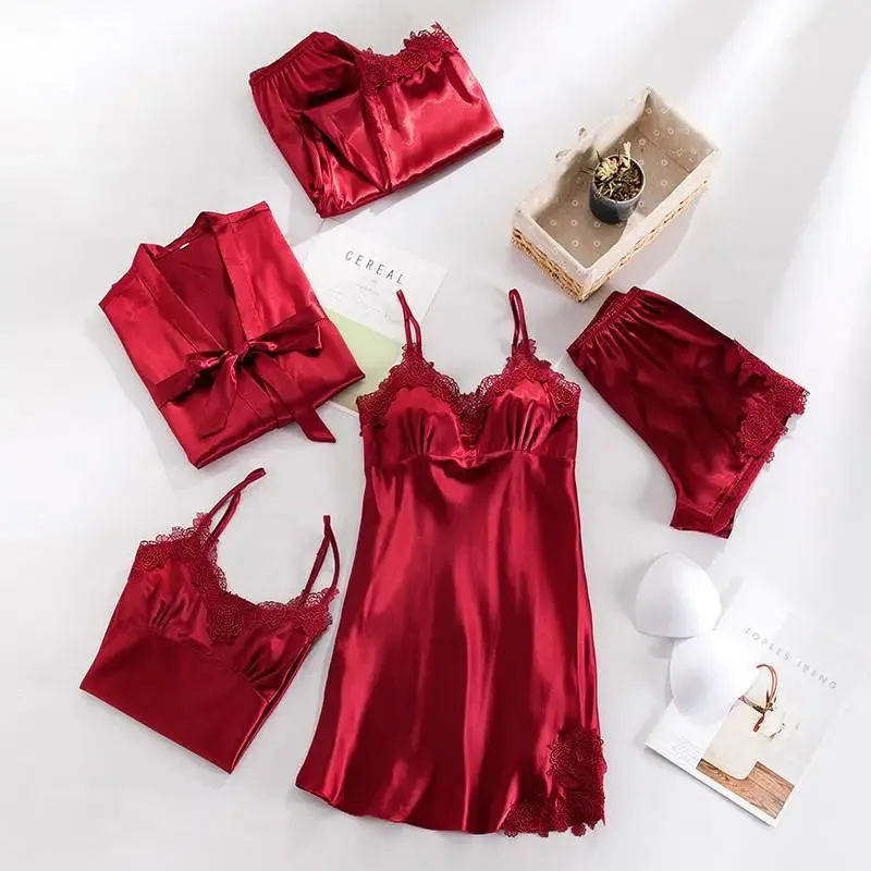 Sexy Women's V-Neck Lace Satin Pajama Set (5PCS)