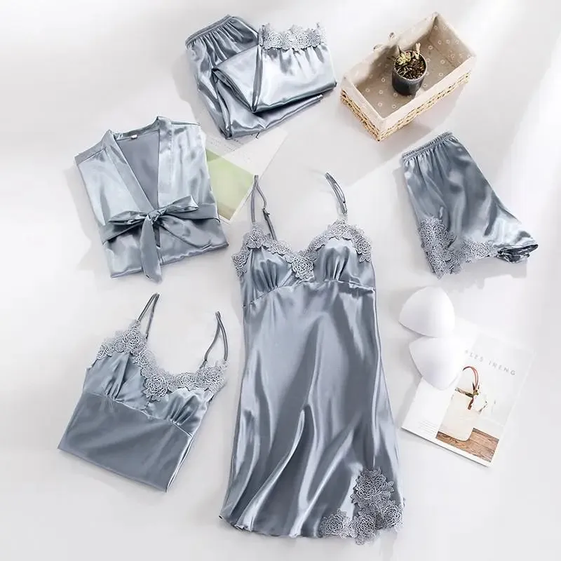 Sexy Women's V-Neck Lace Satin Pajama Set (5PCS)