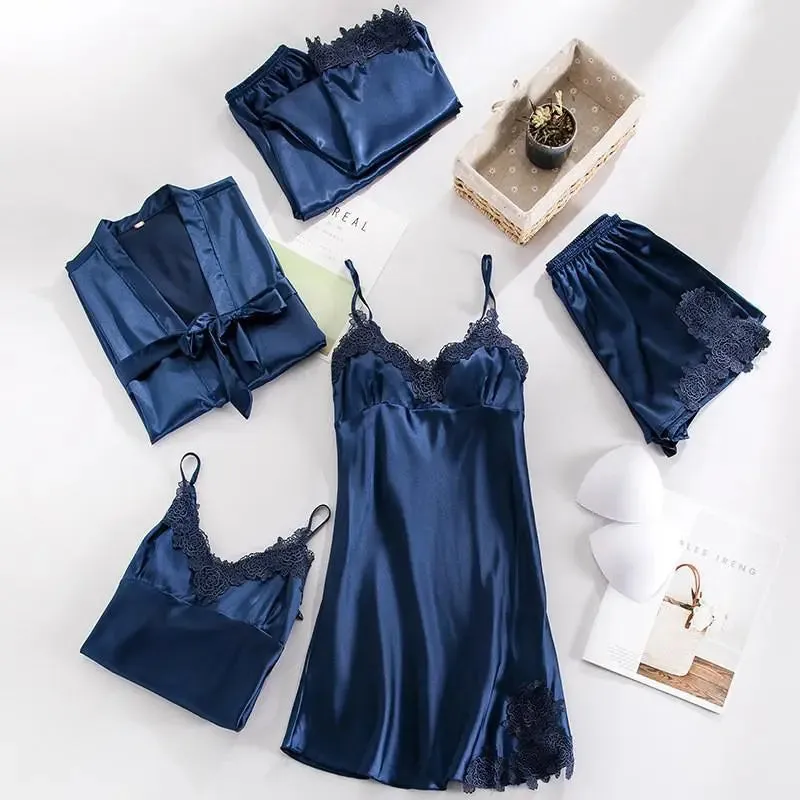 Sexy Women's V-Neck Lace Satin Pajama Set (5PCS)