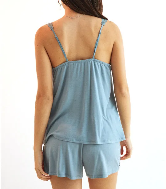 Short Pyjamas with Vest Top and Lace Trim Blue Green