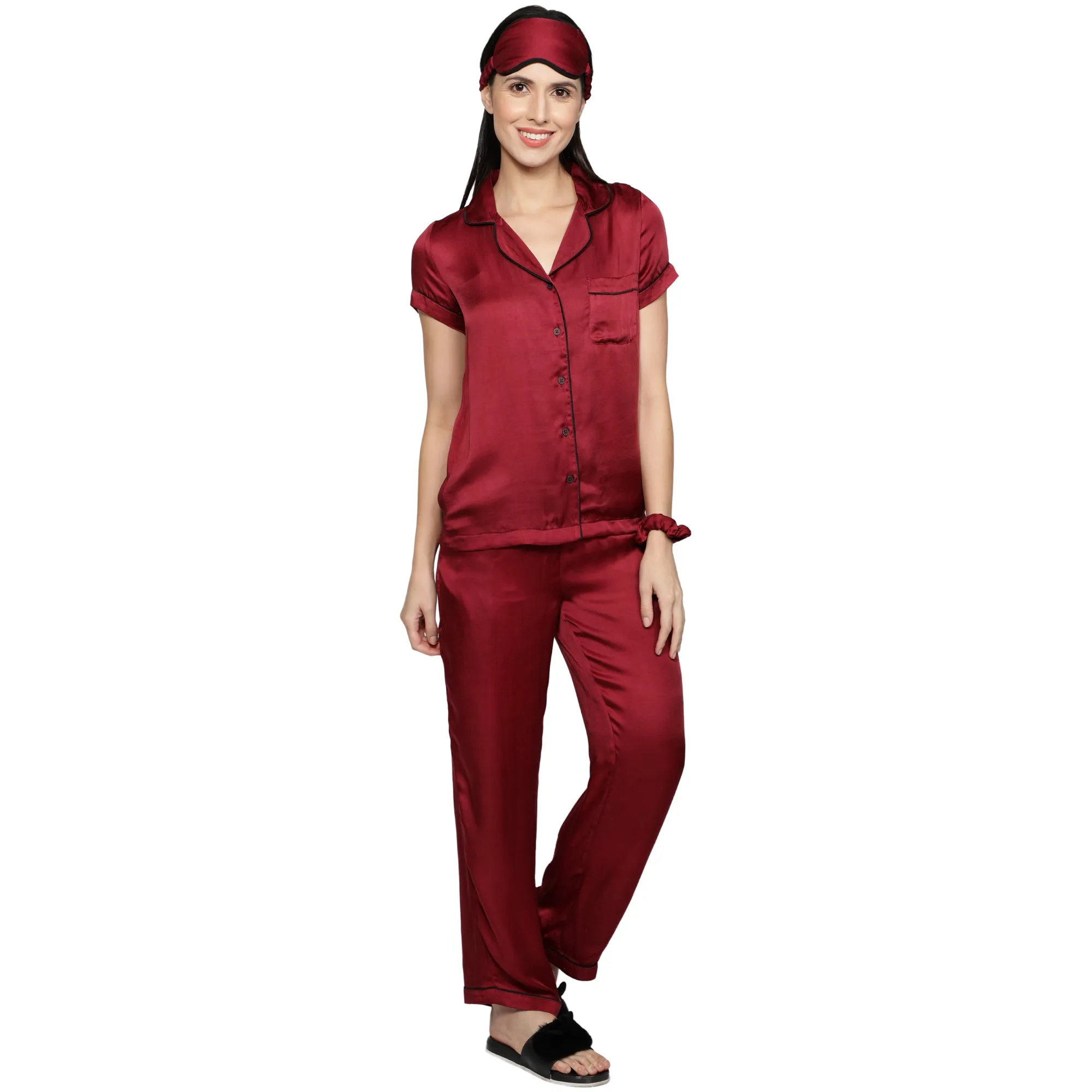 SLAY. Women's Nightwear Cherry Red color Half Sleeve Button Up Shirt & Pyjama Co-ord Set with matching Eye mask & Ruffle