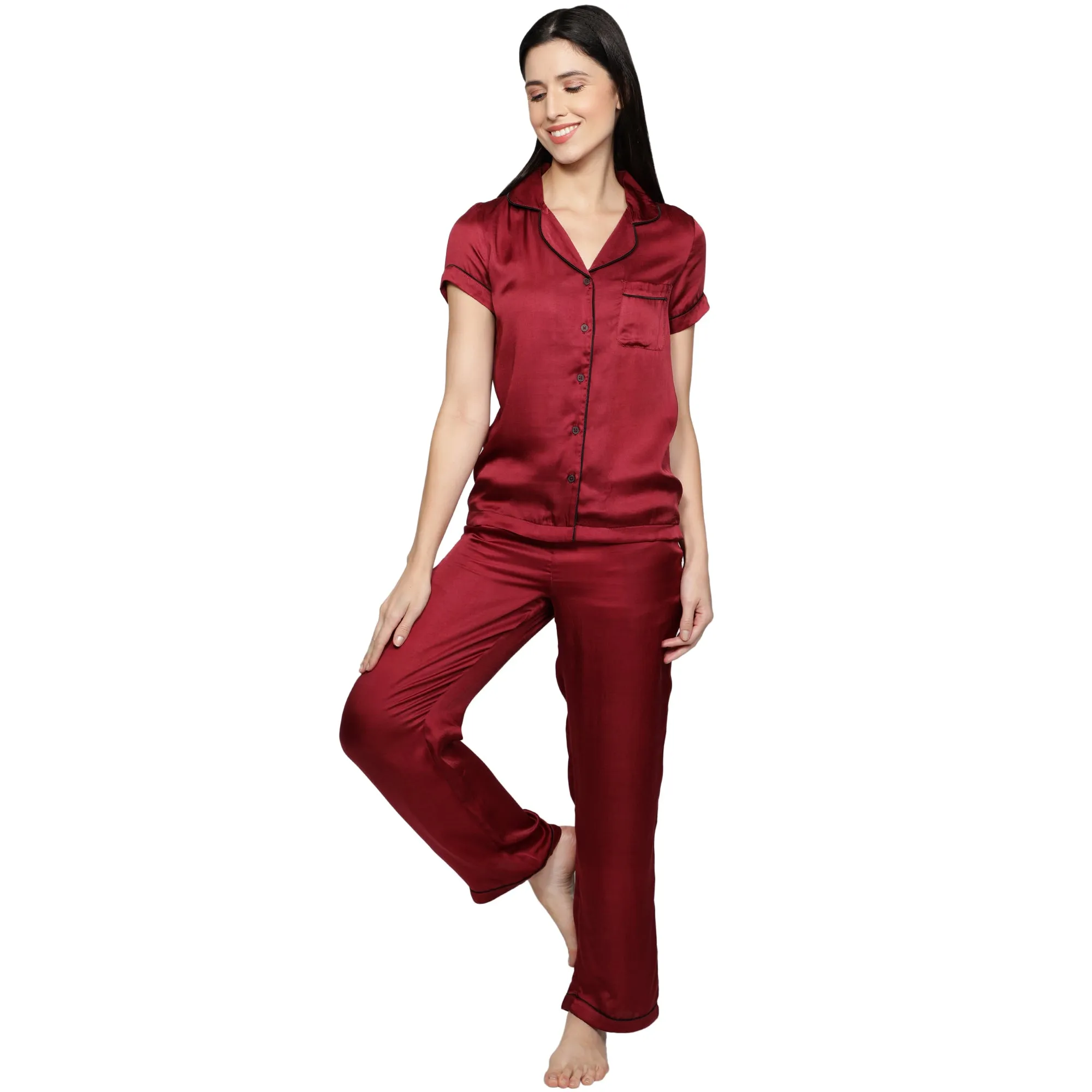 SLAY. Women's Nightwear Cherry Red color Half Sleeve Button Up Shirt & Pyjama Co-ord Set with matching Eye mask & Ruffle