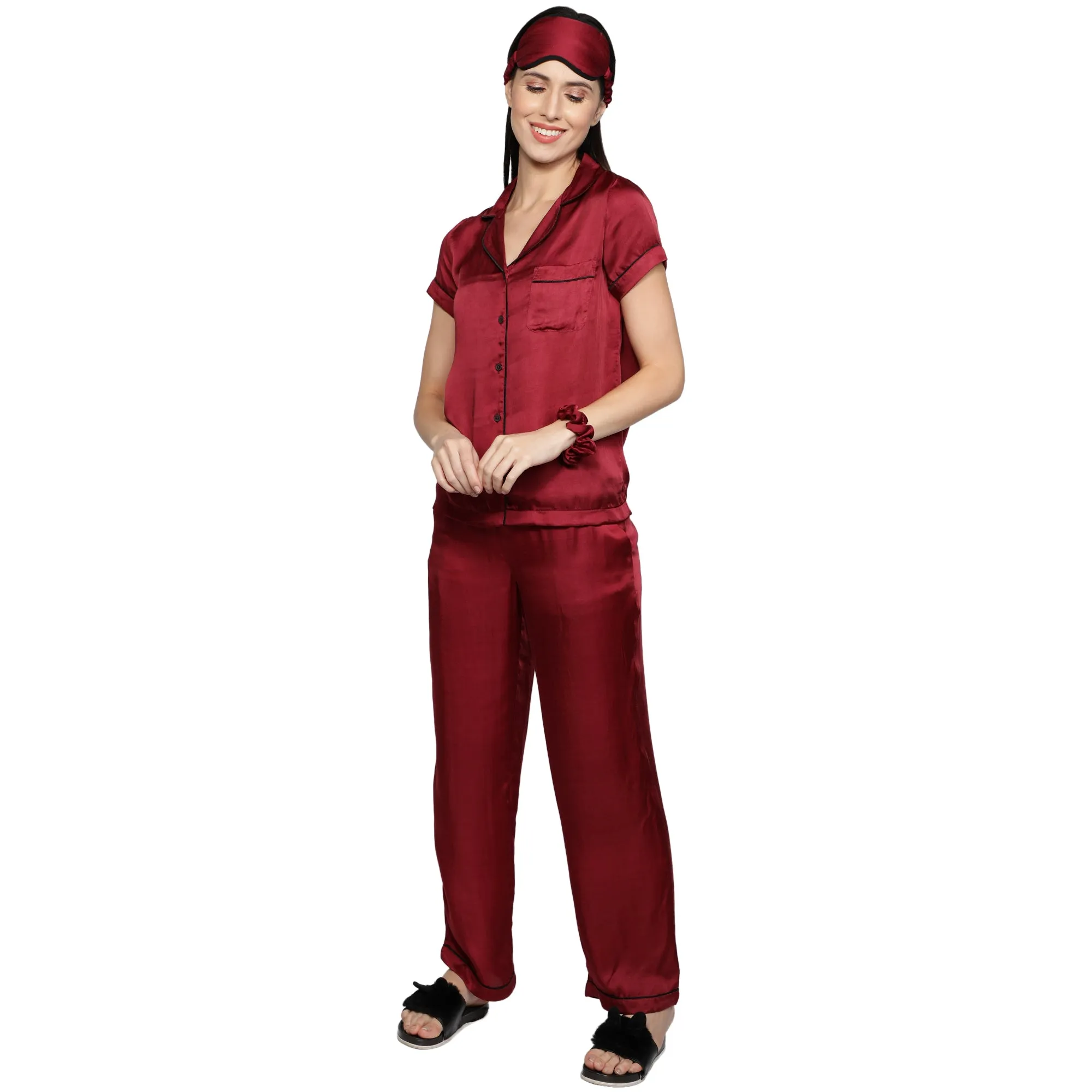 SLAY. Women's Nightwear Cherry Red color Half Sleeve Button Up Shirt & Pyjama Co-ord Set with matching Eye mask & Ruffle